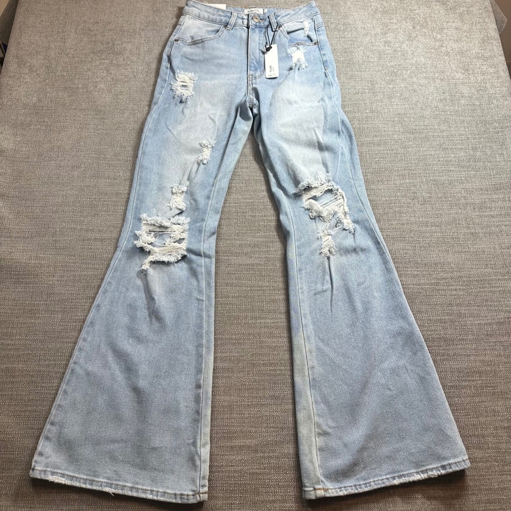 rue21 Flare Jeans Women Size 0 Light Blue New Distressed‎ High Rise Ripped Denim